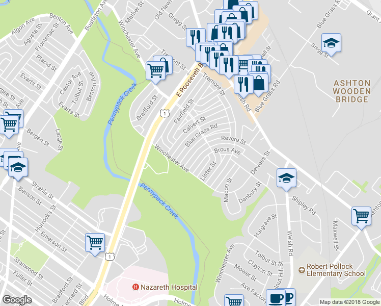 map of restaurants, bars, coffee shops, grocery stores, and more near 8820 Revere Street in Philadelphia