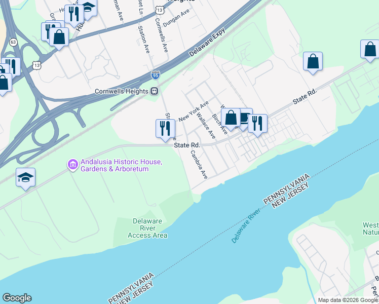 map of restaurants, bars, coffee shops, grocery stores, and more near 2025 State Road in Bensalem
