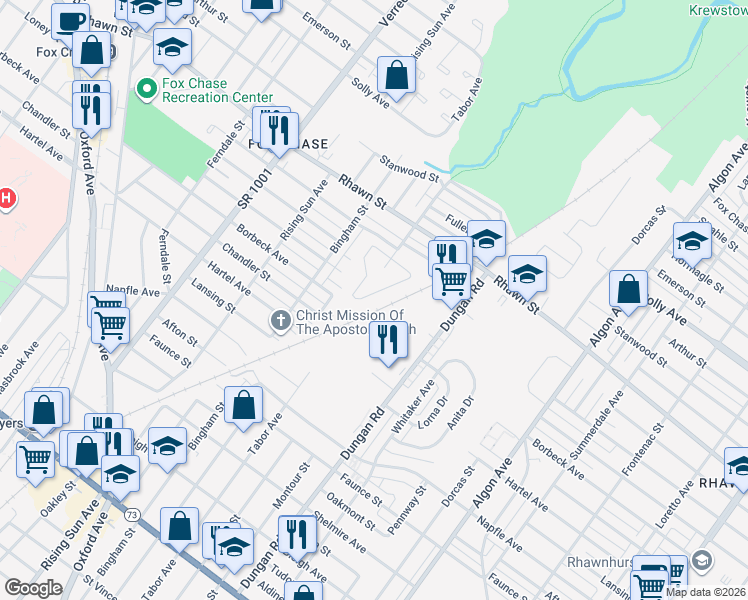 map of restaurants, bars, coffee shops, grocery stores, and more near 7919 Fox Run Lane in Philadelphia