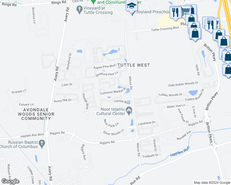 map of restaurants, bars, coffee shops, grocery stores, and more near 4937 Common Market Place in Dublin