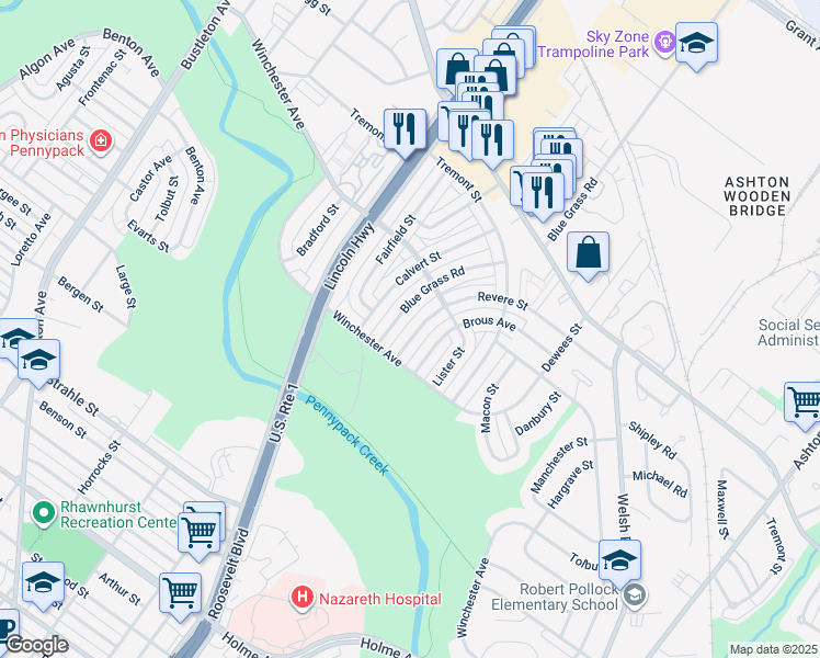 map of restaurants, bars, coffee shops, grocery stores, and more near 8820 Revere Street in Philadelphia