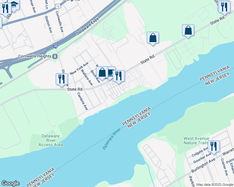 map of restaurants, bars, coffee shops, grocery stores, and more near 110 Dock Street in Bensalem
