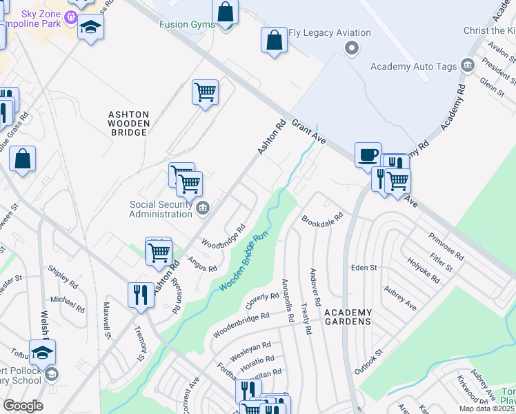 map of restaurants, bars, coffee shops, grocery stores, and more near 9491 Woodbridge Road in Philadelphia