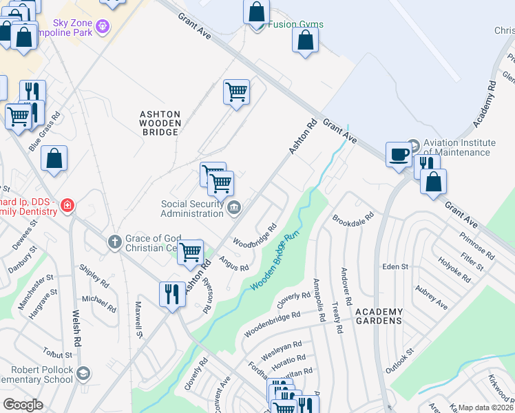 map of restaurants, bars, coffee shops, grocery stores, and more near 9475 Ashton Road in Philadelphia