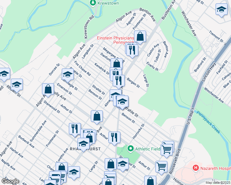 map of restaurants, bars, coffee shops, grocery stores, and more near 8332 Bustleton Avenue in Philadelphia