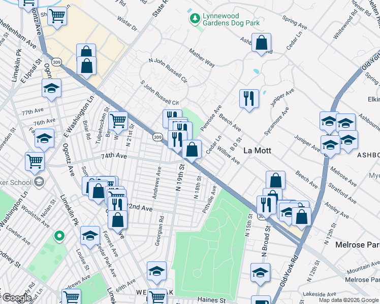 map of restaurants, bars, coffee shops, grocery stores, and more near 1819 Chelsea Road in La Mott
