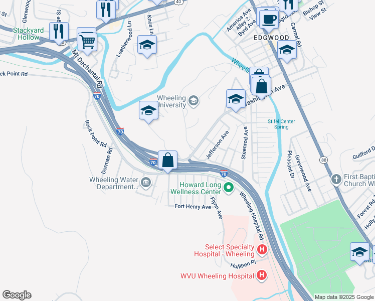 map of restaurants, bars, coffee shops, grocery stores, and more near 1094 Ignatian Way in Wheeling