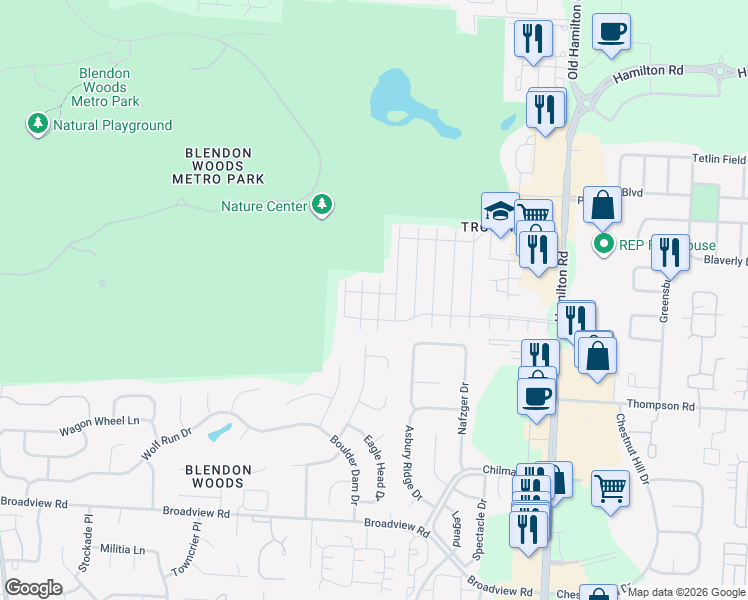 map of restaurants, bars, coffee shops, grocery stores, and more near 5688 Blendonridge Drive in Columbus