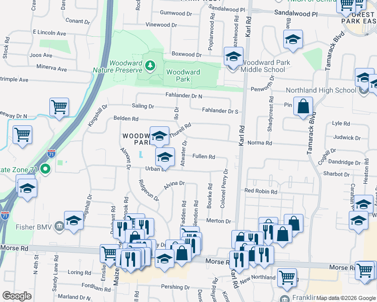 map of restaurants, bars, coffee shops, grocery stores, and more near 4958 Atwater Drive in Columbus