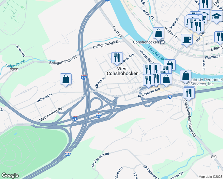 map of restaurants, bars, coffee shops, grocery stores, and more near 533 Apple Street in Conshohocken