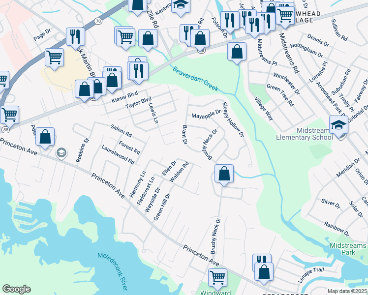 map of restaurants, bars, coffee shops, grocery stores, and more near 19 Brant Drive in Brick Township