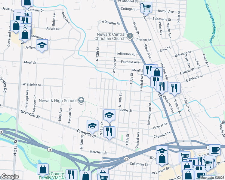 map of restaurants, bars, coffee shops, grocery stores, and more near 386 Woods Avenue in Newark
