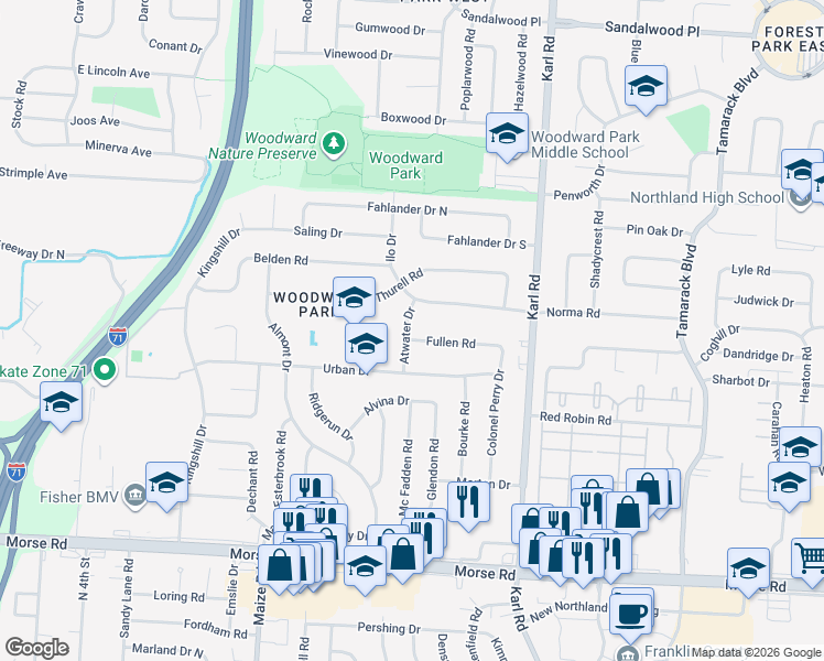 map of restaurants, bars, coffee shops, grocery stores, and more near 4958 Atwater Dr in Columbus