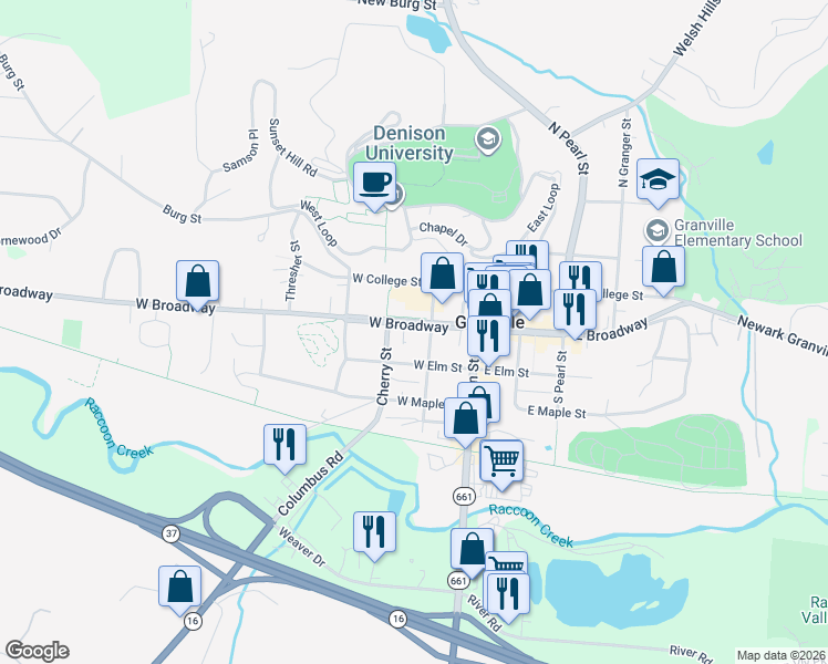 map of restaurants, bars, coffee shops, grocery stores, and more near 215 West Broadway in Granville