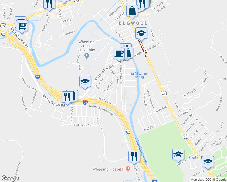 map of restaurants, bars, coffee shops, grocery stores, and more near 1503 Mills Avenue in Wheeling