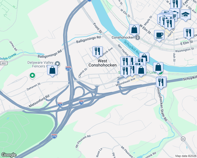 map of restaurants, bars, coffee shops, grocery stores, and more near 7 Elizabeth Street in Conshohocken