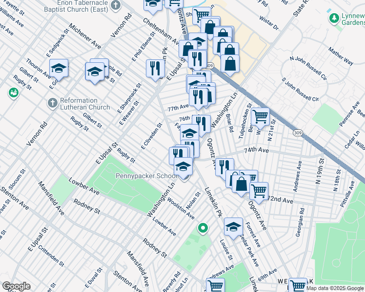 map of restaurants, bars, coffee shops, grocery stores, and more near 7437 Limekiln Pike in Philadelphia