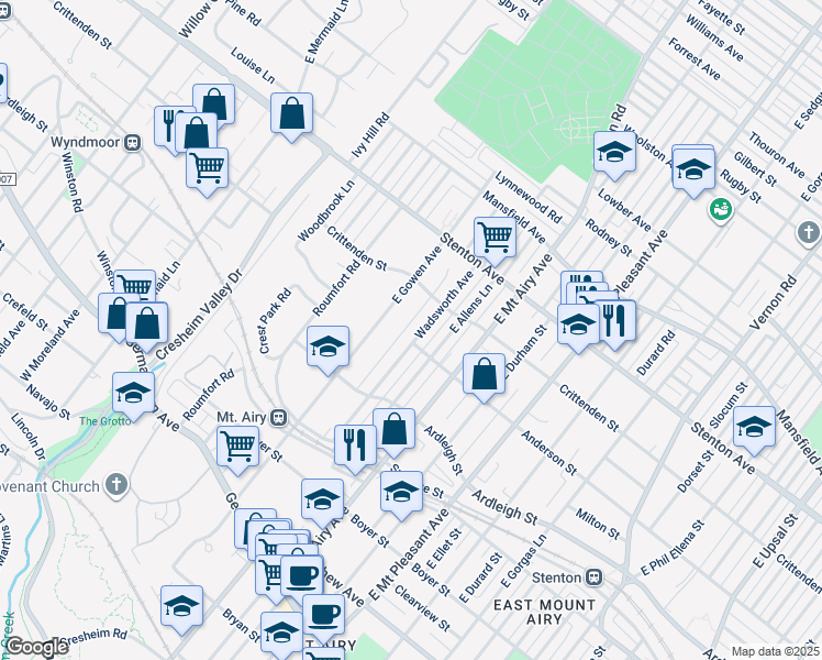 map of restaurants, bars, coffee shops, grocery stores, and more near 505 Wadsworth Avenue in Philadelphia