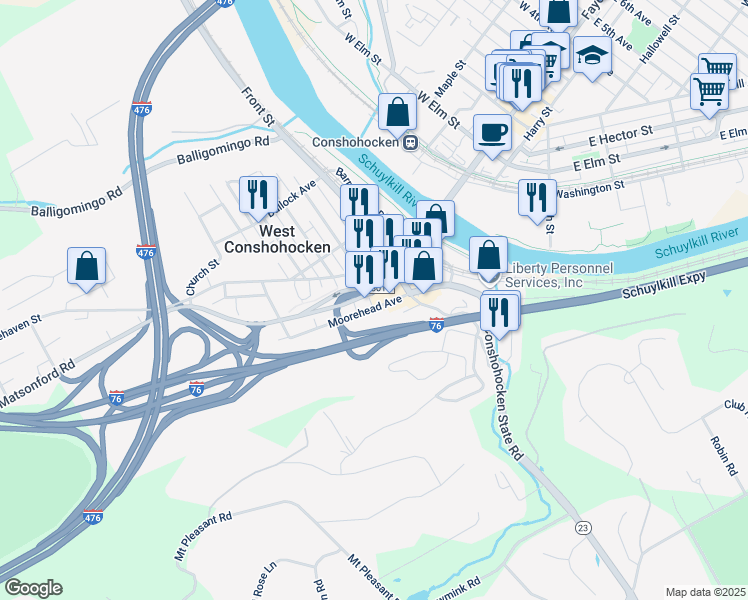 map of restaurants, bars, coffee shops, grocery stores, and more near 124 Moorehead Avenue in Conshohocken