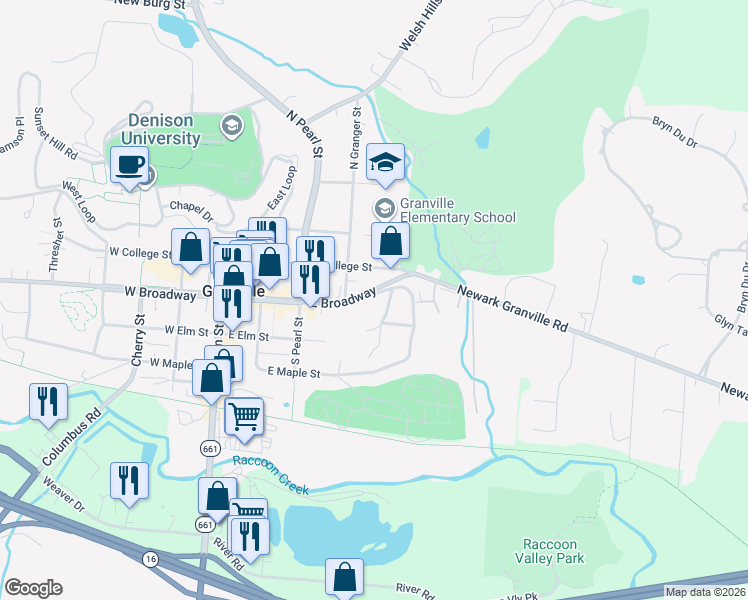 map of restaurants, bars, coffee shops, grocery stores, and more near 105 Mount Parnassus Drive East in Granville