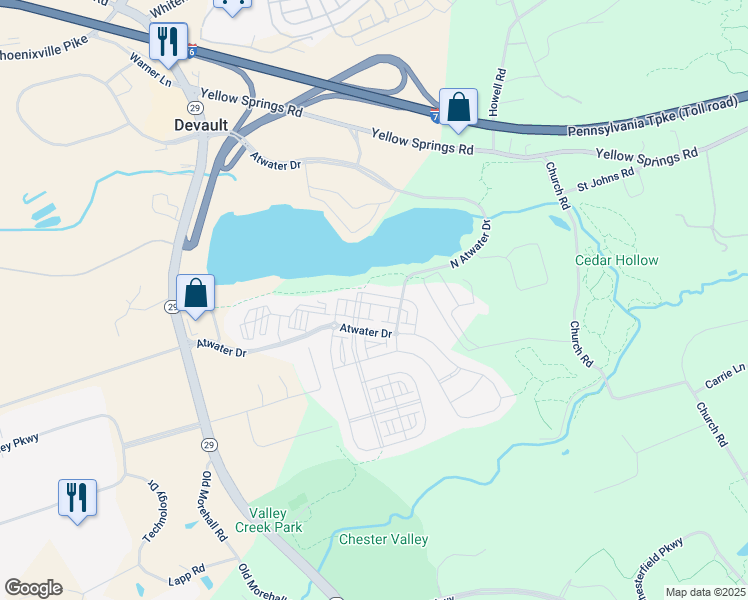 map of restaurants, bars, coffee shops, grocery stores, and more near 509 Cliff Lane in Frazer
