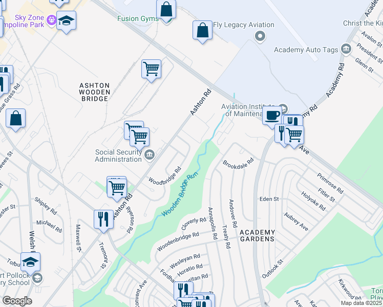 map of restaurants, bars, coffee shops, grocery stores, and more near 9487 Woodbridge Road in Philadelphia