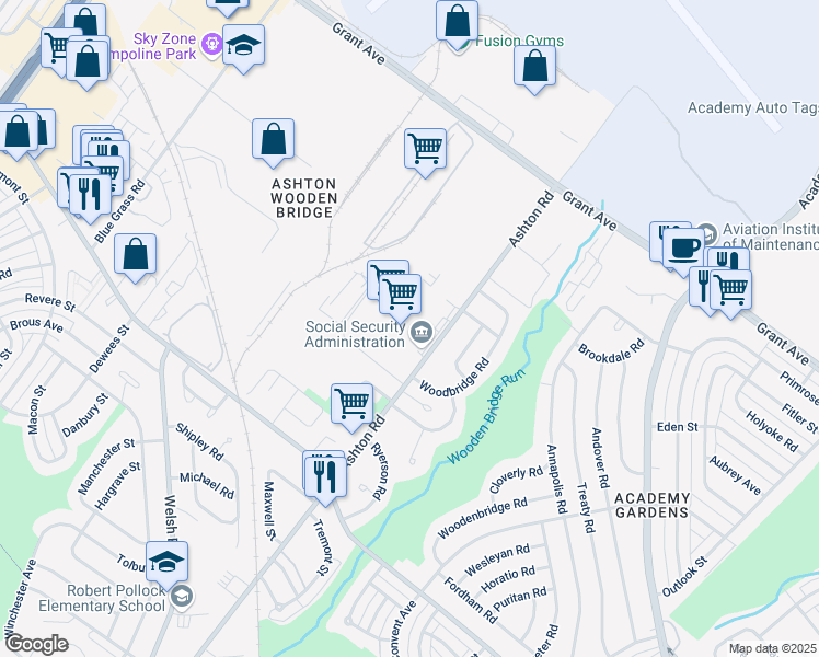 map of restaurants, bars, coffee shops, grocery stores, and more near 9300 Ashton Road in Philadelphia