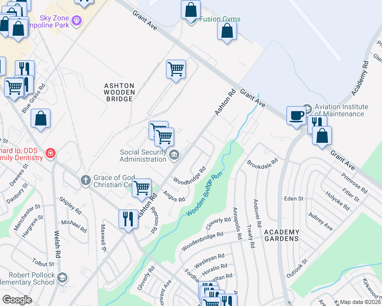 map of restaurants, bars, coffee shops, grocery stores, and more near 9475 Ashton Road in Philadelphia