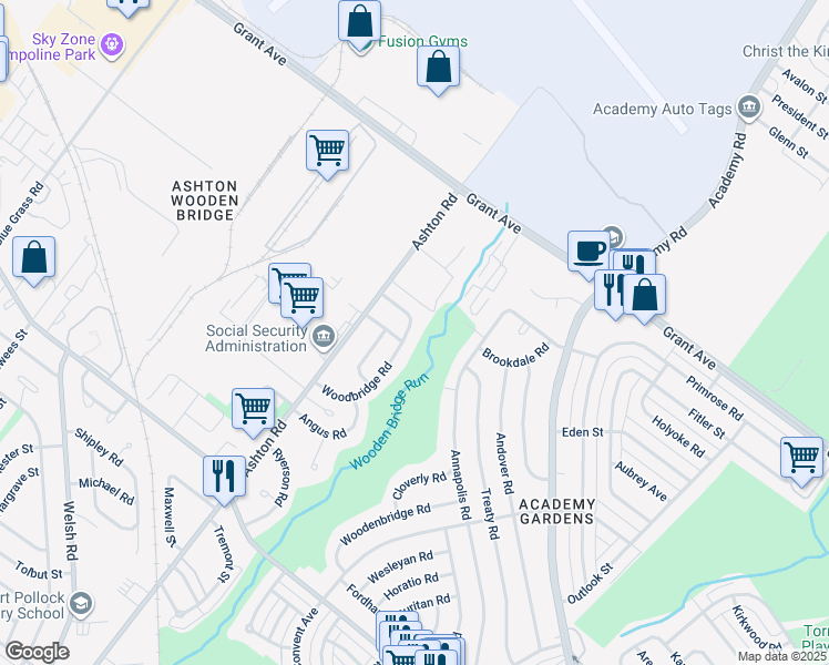 map of restaurants, bars, coffee shops, grocery stores, and more near 9487 Woodbridge Road in Philadelphia