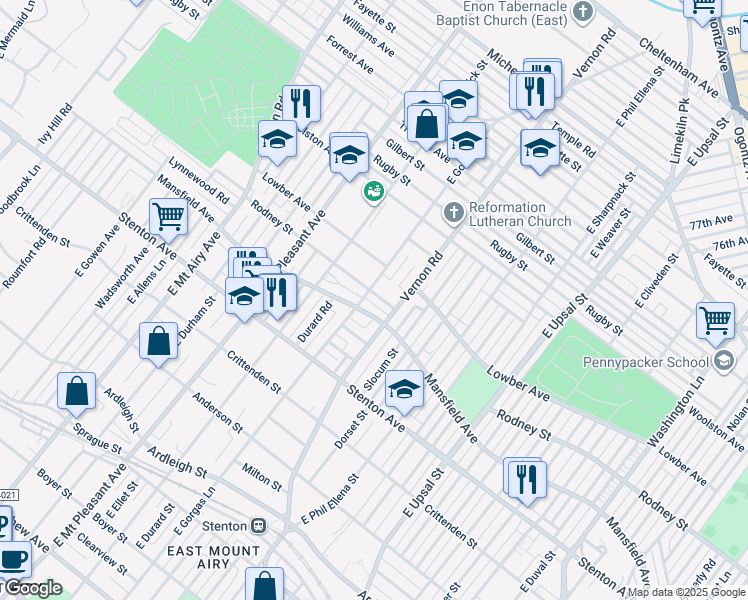 map of restaurants, bars, coffee shops, grocery stores, and more near 8014 Rodney Street in Philadelphia