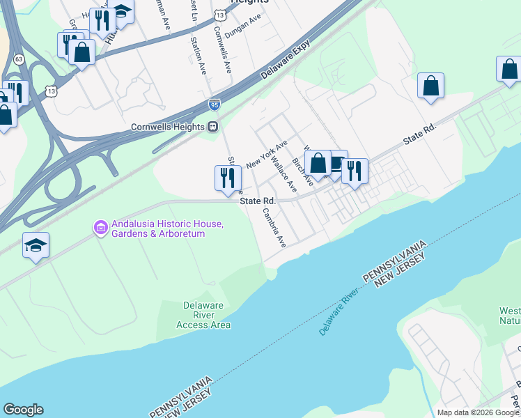 map of restaurants, bars, coffee shops, grocery stores, and more near 2025 State Road in Bensalem