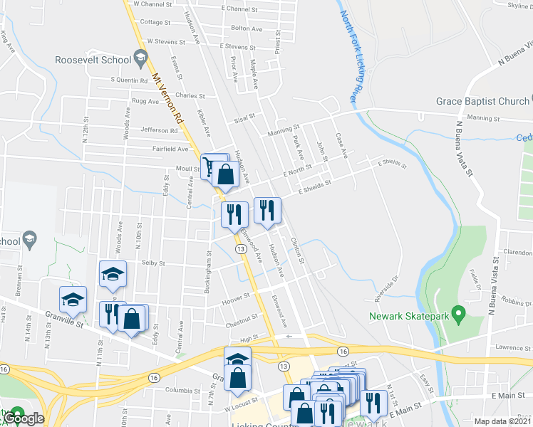 map of restaurants, bars, coffee shops, grocery stores, and more near 350 Hudson Avenue in Newark