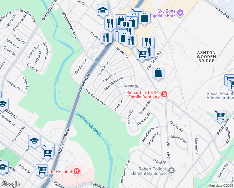 map of restaurants, bars, coffee shops, grocery stores, and more near 8902 Brous Avenue in Philadelphia