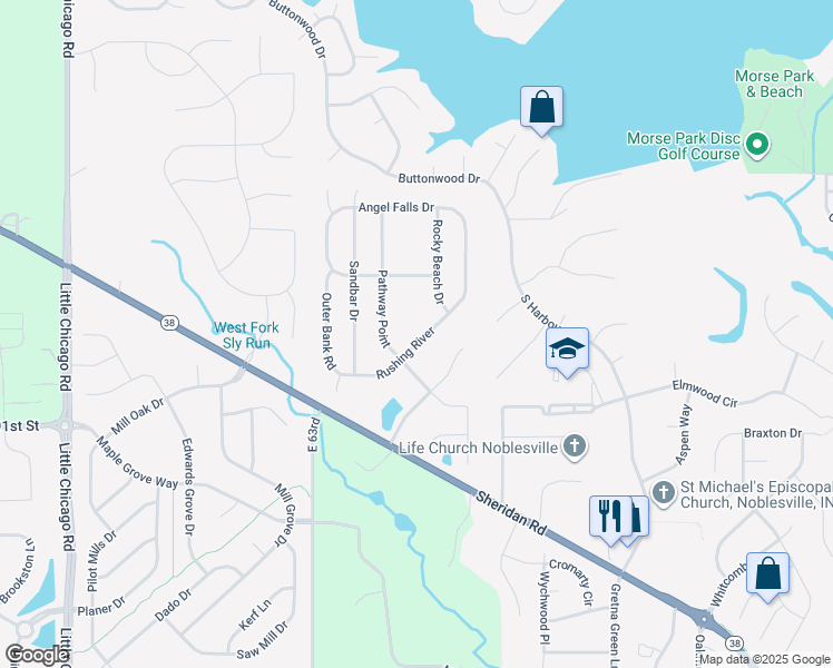 map of restaurants, bars, coffee shops, grocery stores, and more near 6538 Rushing River in Noblesville