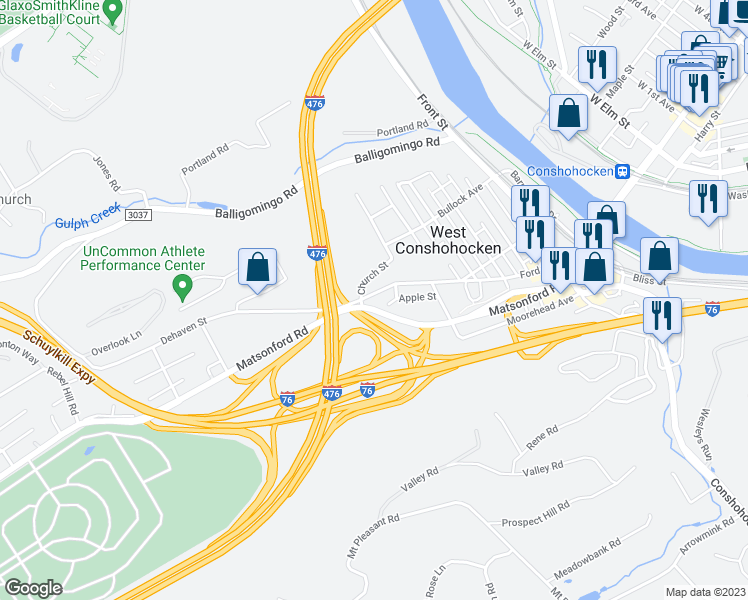 map of restaurants, bars, coffee shops, grocery stores, and more near 633 Ford Street in Conshohocken