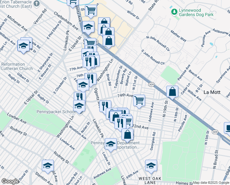 map of restaurants, bars, coffee shops, grocery stores, and more near 7481 Tulpehocken Street in Philadelphia
