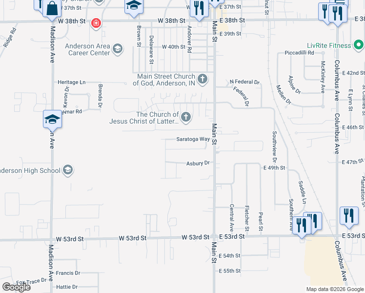 map of restaurants, bars, coffee shops, grocery stores, and more near 140 Appian Way in Anderson
