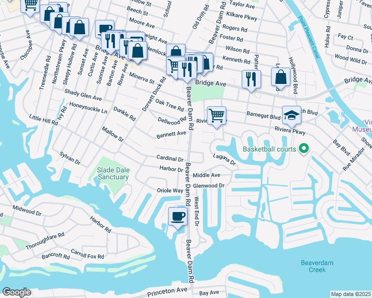 map of restaurants, bars, coffee shops, grocery stores, and more near 1522 East Bennett Place in Point Pleasant