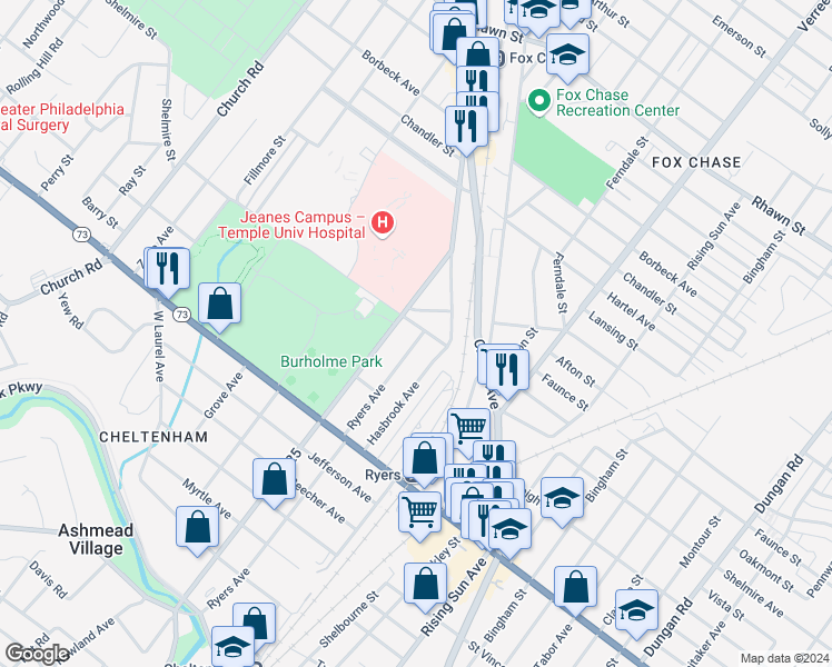 map of restaurants, bars, coffee shops, grocery stores, and more near 7362 Ryers Avenue in Philadelphia
