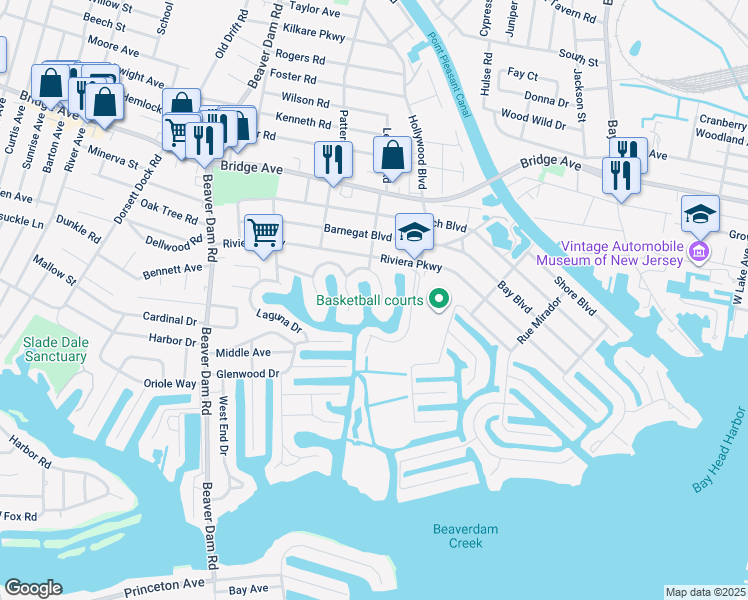 map of restaurants, bars, coffee shops, grocery stores, and more near 1511 Bel Aire Court East in Point Pleasant