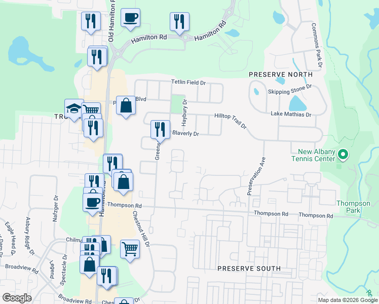 map of restaurants, bars, coffee shops, grocery stores, and more near 4312 Bridgelane Place in New Albany