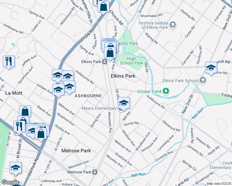 map of restaurants, bars, coffee shops, grocery stores, and more near 1342 Ashbourne Road in Elkins Park