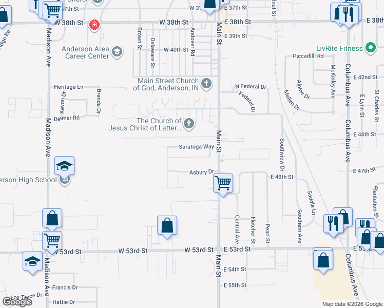 map of restaurants, bars, coffee shops, grocery stores, and more near 140 Appian Way in Anderson