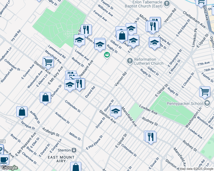 map of restaurants, bars, coffee shops, grocery stores, and more near 8014 Rodney Street in Philadelphia