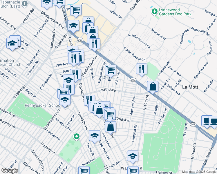 map of restaurants, bars, coffee shops, grocery stores, and more near 7419 Walnut Ln in Philadelphia