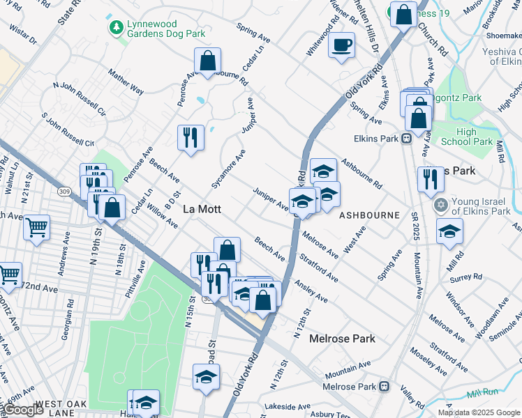 map of restaurants, bars, coffee shops, grocery stores, and more near 7500 Manchester Road in Elkins Park