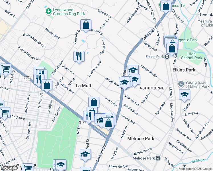 map of restaurants, bars, coffee shops, grocery stores, and more near 7500 Manchester Road in Elkins Park