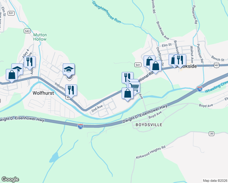 map of restaurants, bars, coffee shops, grocery stores, and more near 56003-56099 National Road in Bridgeport