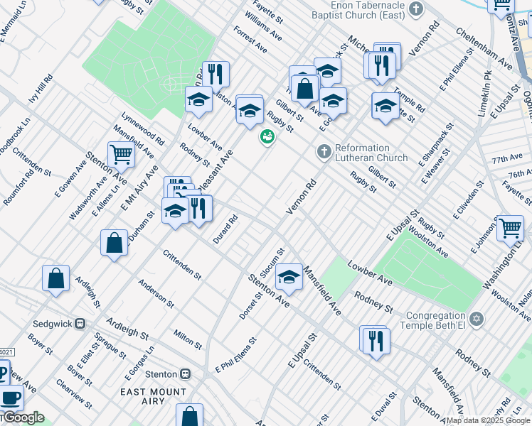 map of restaurants, bars, coffee shops, grocery stores, and more near 8016 Rodney Street in Philadelphia