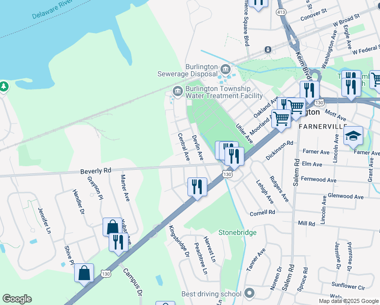 map of restaurants, bars, coffee shops, grocery stores, and more near 10 Central Avenue in Burlington